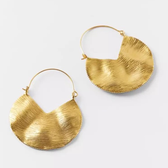 Gold Textured Crescent Hoop Earrings - Picture 2 of 4